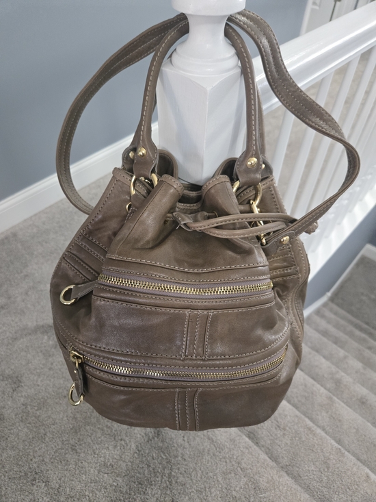 Steve Madden Handbags - Steve Madden Taupe Brown Leather Drawstring Shoulder Bag with Gold Hardware
